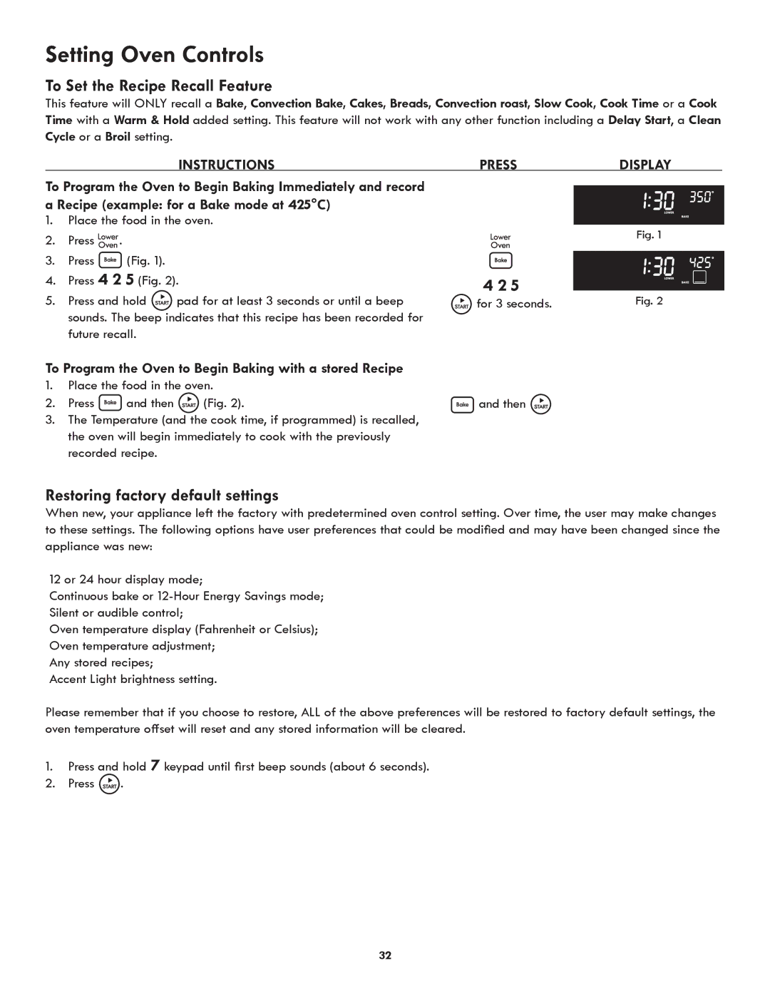 Kenmore 790.9751 manual To Set the Recipe Recall Feature, Restoring factory default settings 