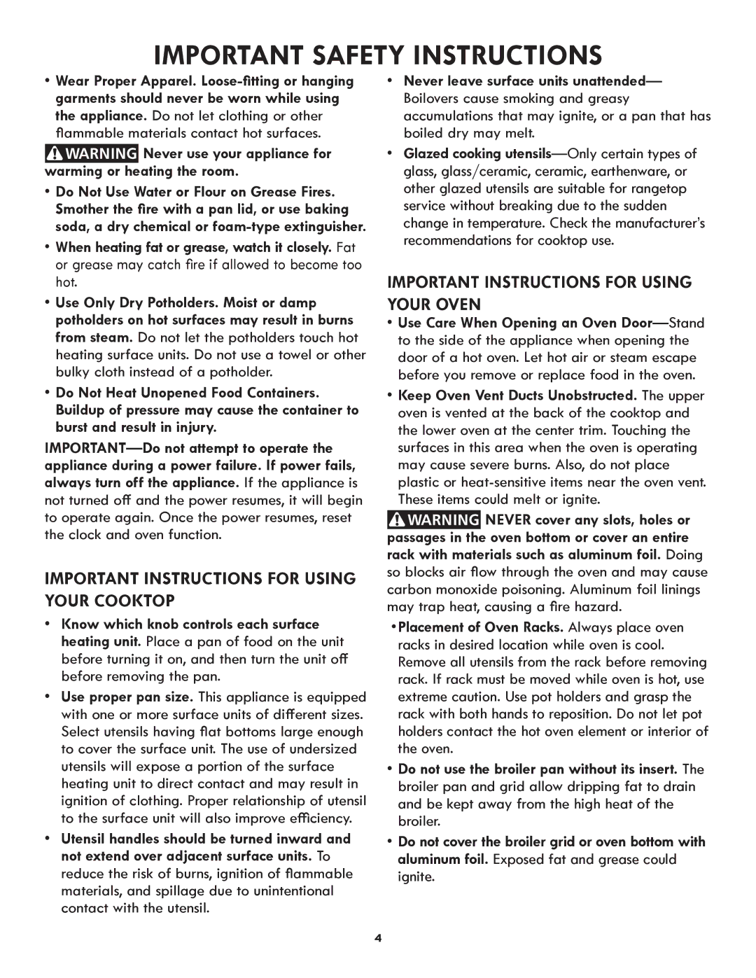 Kenmore 790.9751 manual Important Instructions for Using Your Cooktop 