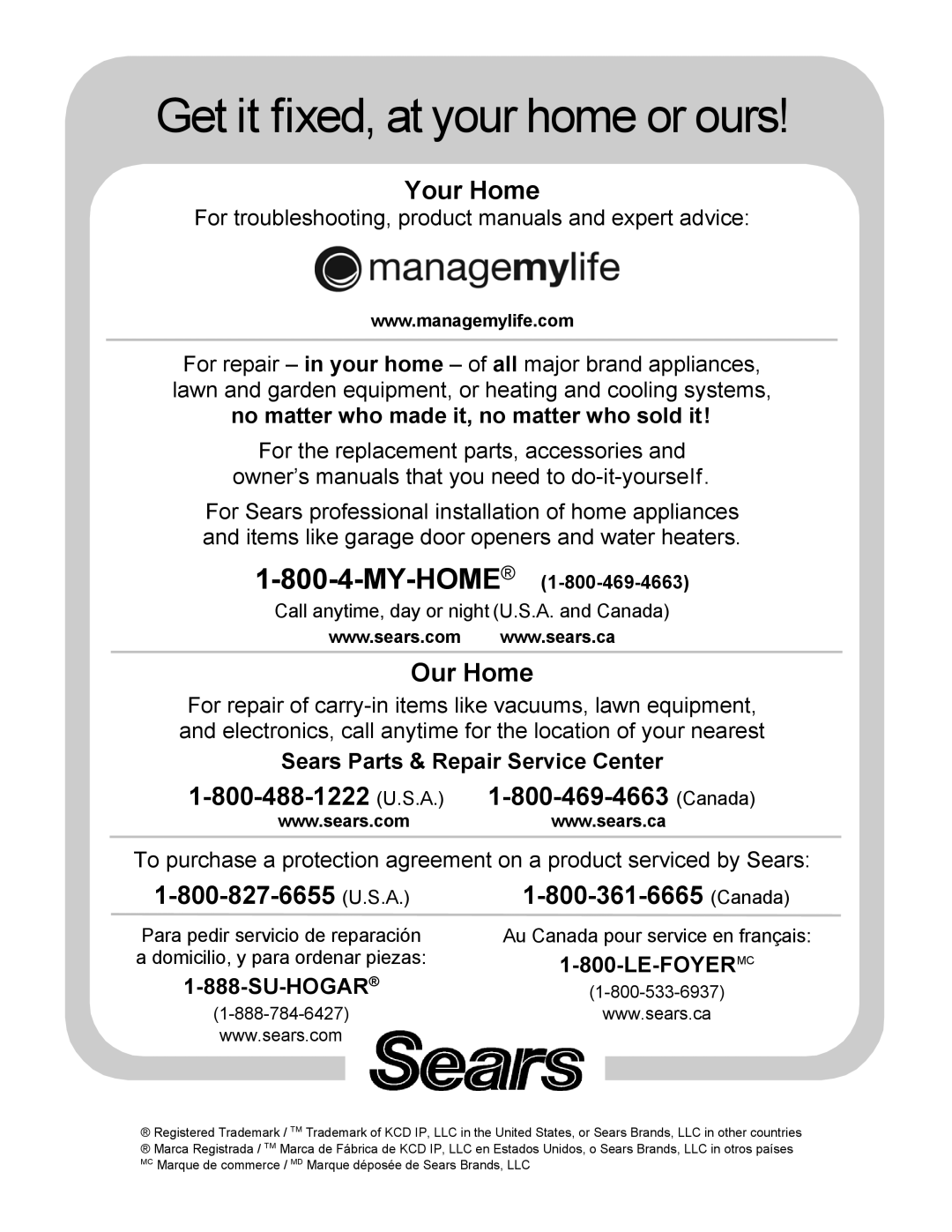 Kenmore 790.9751 manual Sears Parts & Repair Service Center, Su-Hogar, MY-HOME1-800-469-4663 