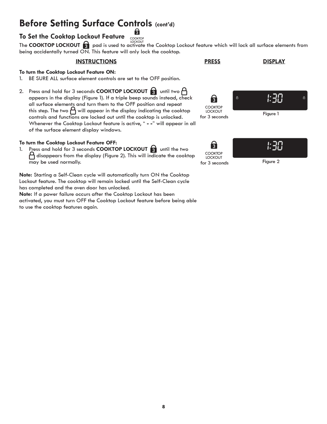 Kenmore 790.9751 manual Before Setting Surface Controls cont’d, To Set the Cooktop Lockout Feature, Instructions, Display 