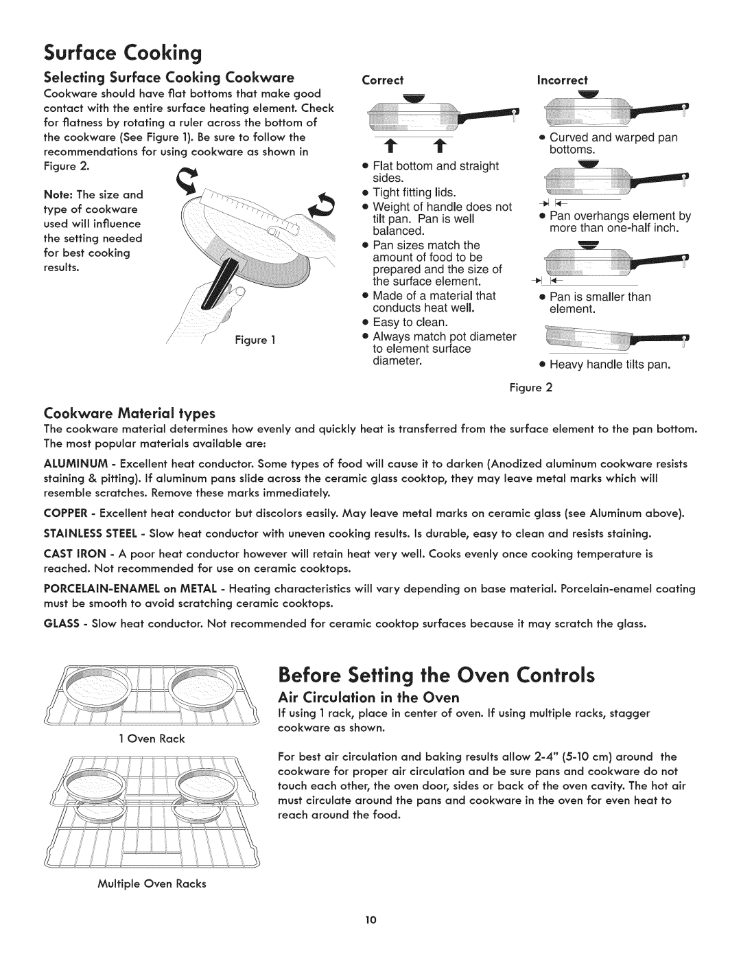 Kenmore 790.9805 manual Before Setting the Oven Controls, Selecting Surface Cooking Cookware, Cookware Material types 