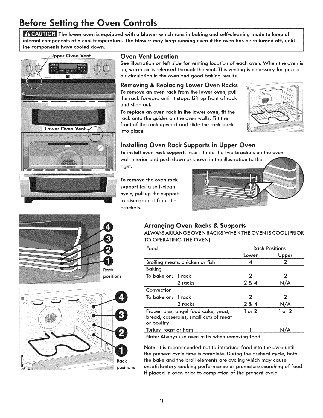 Kenmore 790.9805 Removing & Replacing Lower Oven Racks, Installing Oven Rack Supports in Upper Oven, Oven Vent Location 