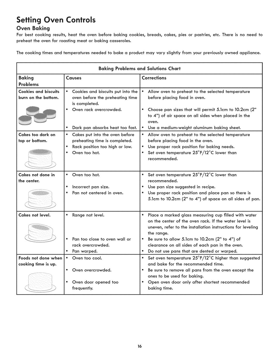 Kenmore 790.9805 manual Oven Baking, Baking Problems and Solutions Chart, Incorrect pan size 