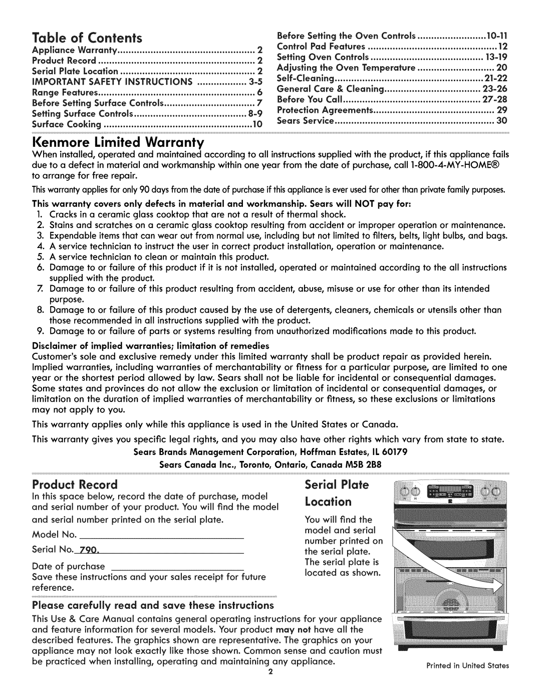 Kenmore 790.9805 manual Contents 