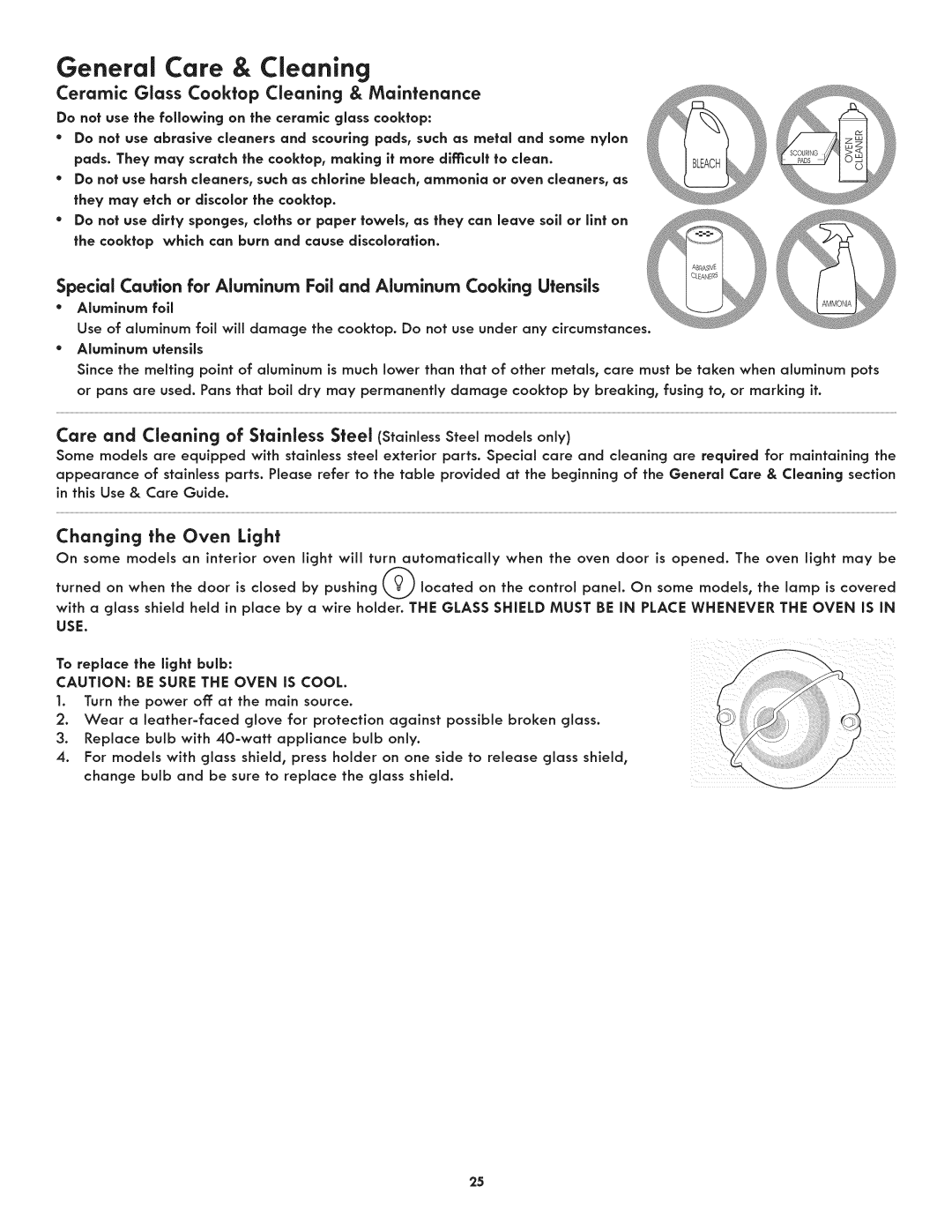 Kenmore 790.9805 manual Changing the Oven Light, Aluminum Fall, To replace the light bulb 