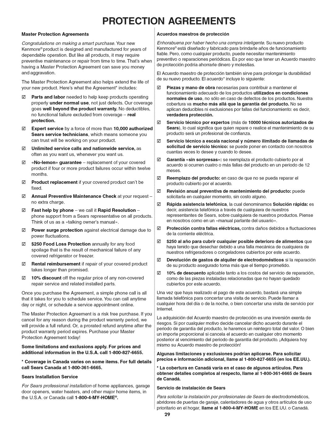 Kenmore 790.9805 manual Master Protection Agreements 