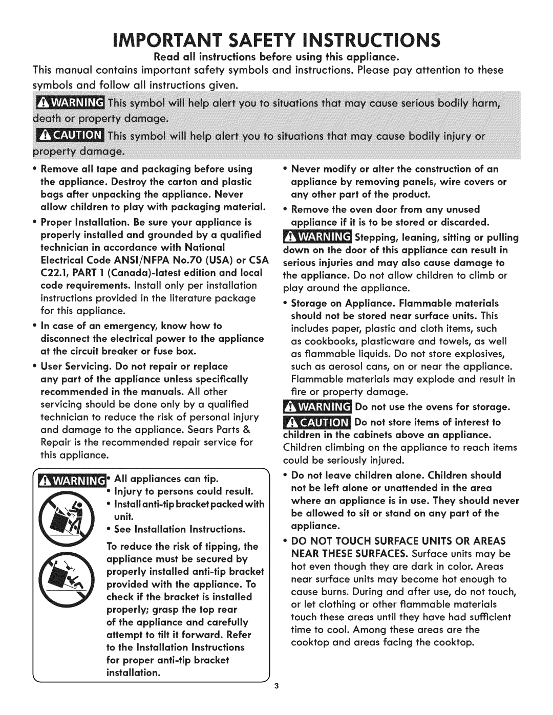 Kenmore 790.9805 manual Read all instructions before using this appliance, To reduce the risk of tipping, Installation 