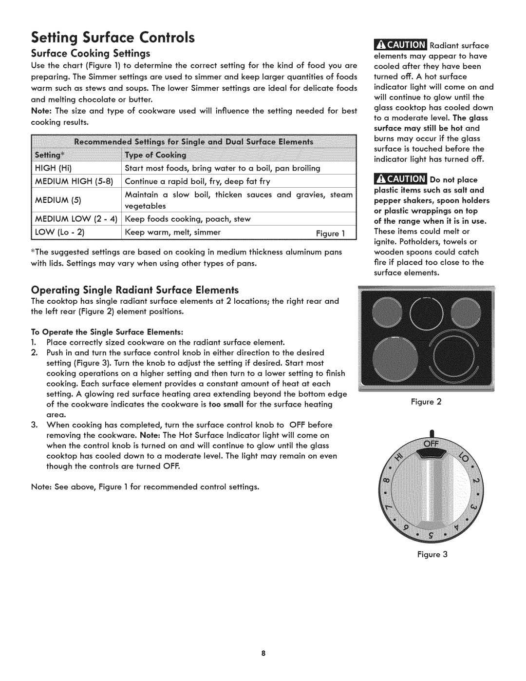 Kenmore 790.9805 manual Setting Surface Controls, Surface Cooking Settings, Operating Single Radiant Surface Elements 