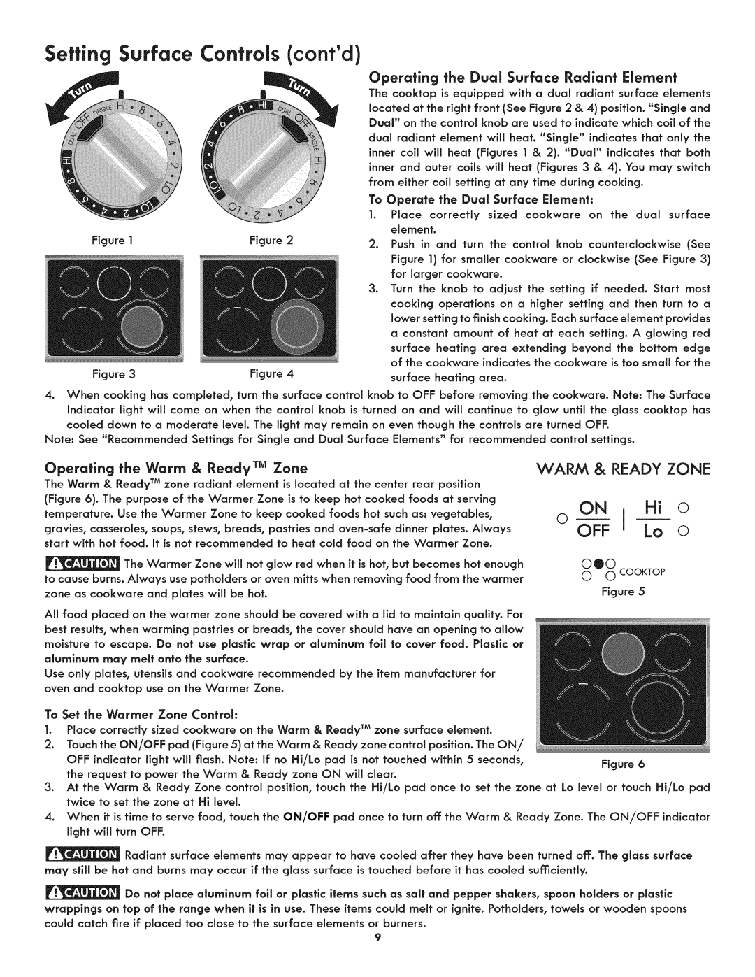 Kenmore 790.9805 manual Setting Surface Controls contd, Operating the Dual SurFace Radiant Element 