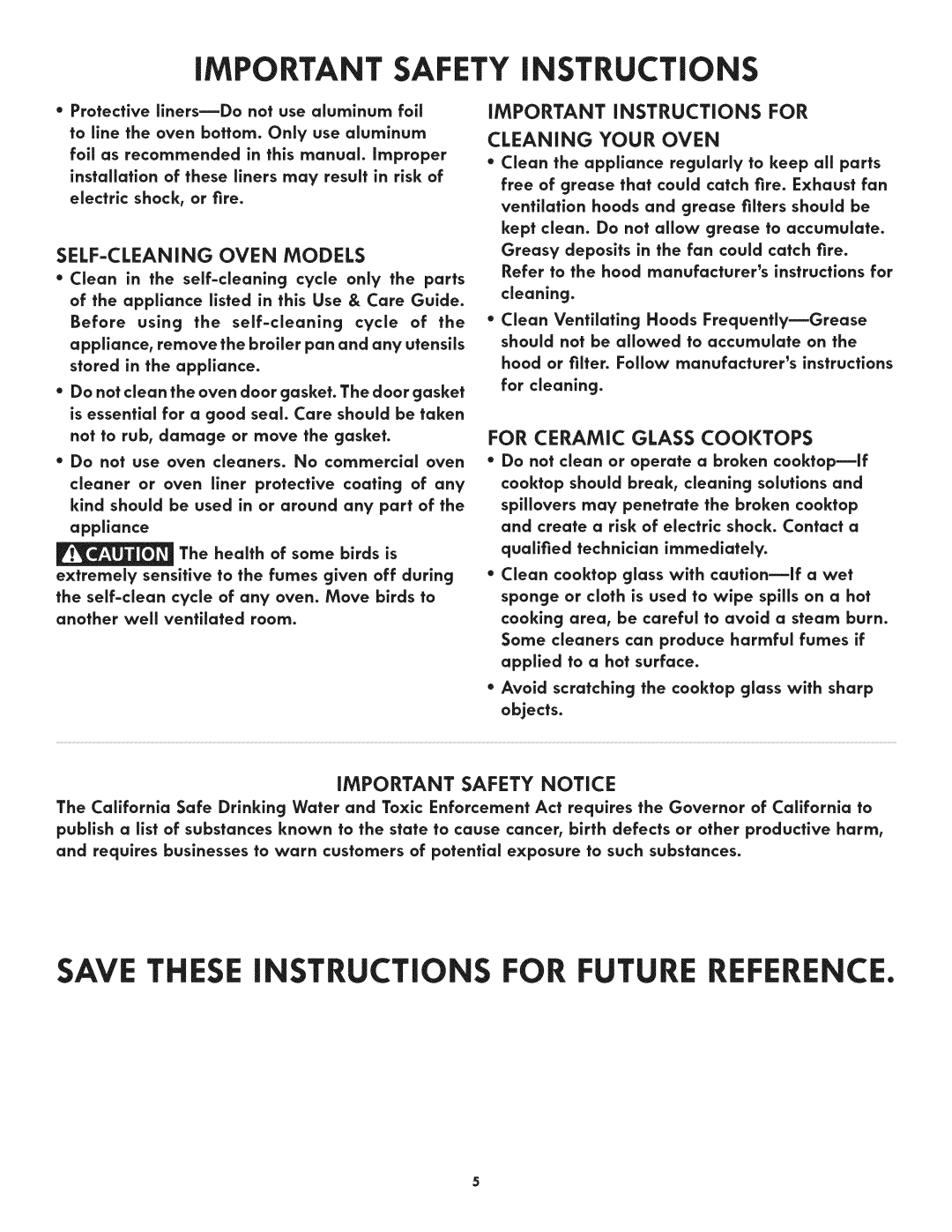 Kenmore 790.9805 SAVE THESE iNSTRUCTiONS FOR FUTURE REFERENCE, iMPORTANT SAFETY iNSTRUCTiONS, Self-Cleaning Oven Models 
