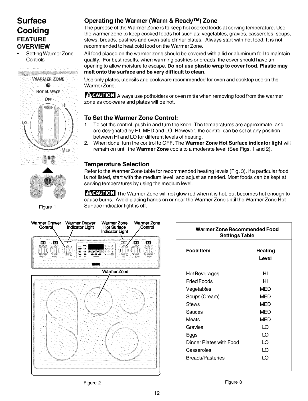 Kenmore 790.99012 manual Surface Cooking, Operating the Warmer Warm & Ready TM Zone, Temperature 