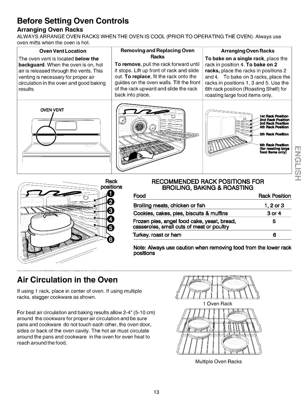 Kenmore 790.99012 Before Setting Oven Controls, Air Circulation in the Oven, Arranging Oven Racks, Food Rack Position 