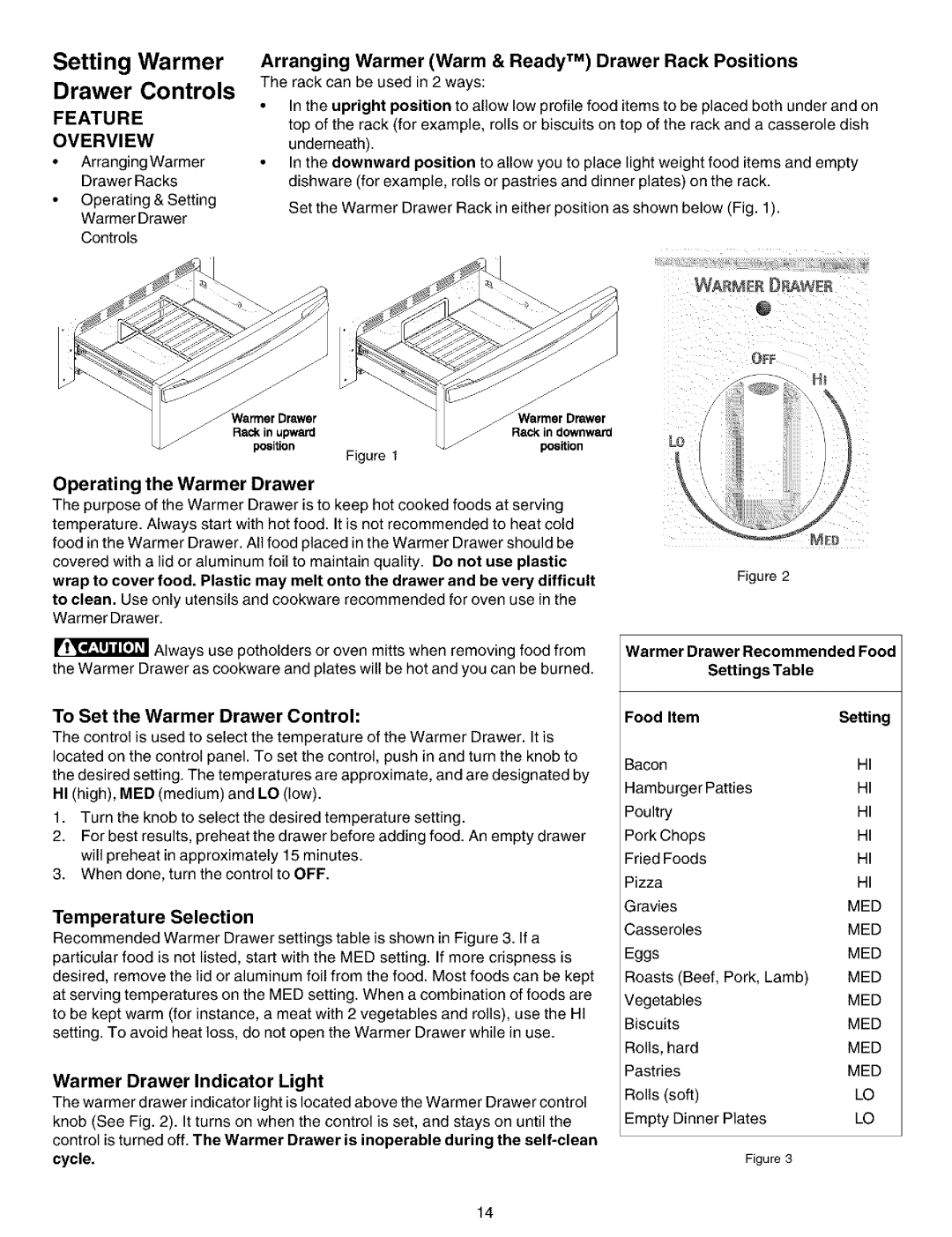 Kenmore 790.99012 Drawer Controls, Arranging Warmer Warm & Ready TM Drawer Rack Positions, Operating the Warmer Drawer 