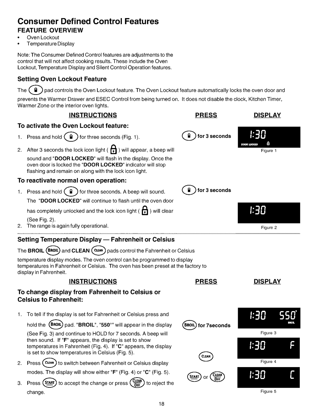 Kenmore 790.99012 manual Consumer Defined Control Features, Setting Oven Lockout Feature, Instructions, Pressdisplay 