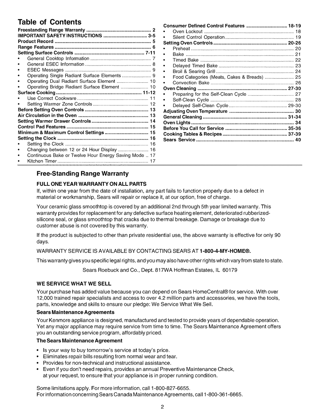 Kenmore 790.99012 manual Contents 