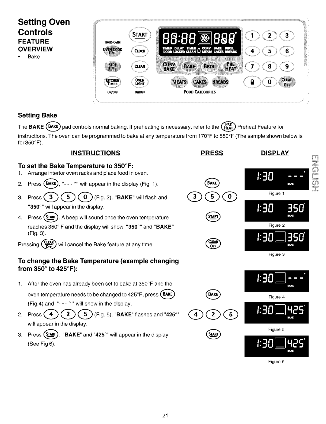 Kenmore 790.99012 manual Setting Bake, To set the Bake Temperature to 350F 