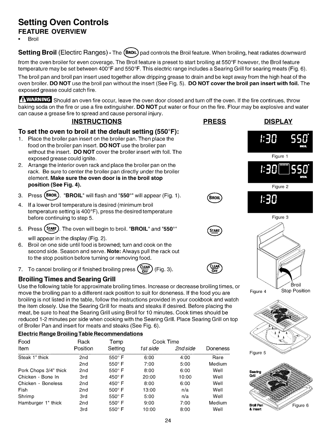 Kenmore 790.99012 manual To set the oven to broil at the default setting 550F, Broiling Times and Searing Grill 