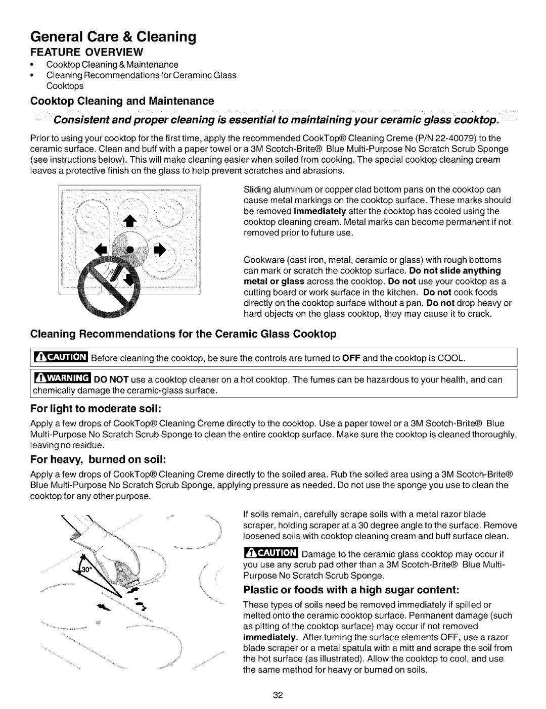 Kenmore 790.99012 manual Cleaning Recommendations for the Ceramic Glass Cooktop, For light to moderate soil 