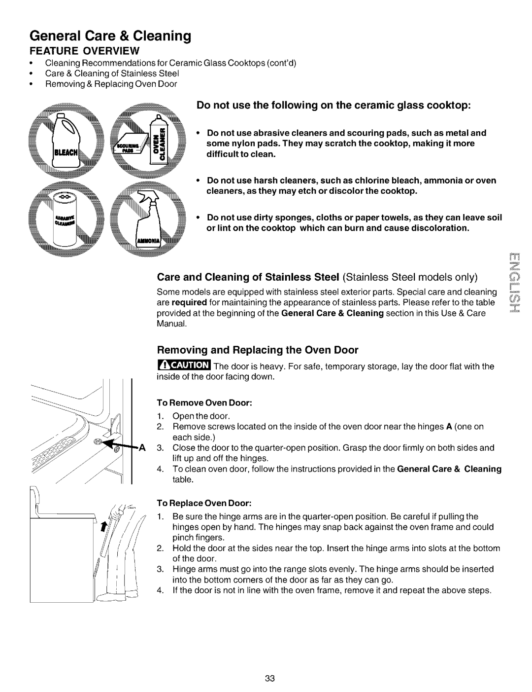 Kenmore 790.99012 manual Do not use the following on the ceramic glass cooktop, Removing and Replacing the Oven Door 