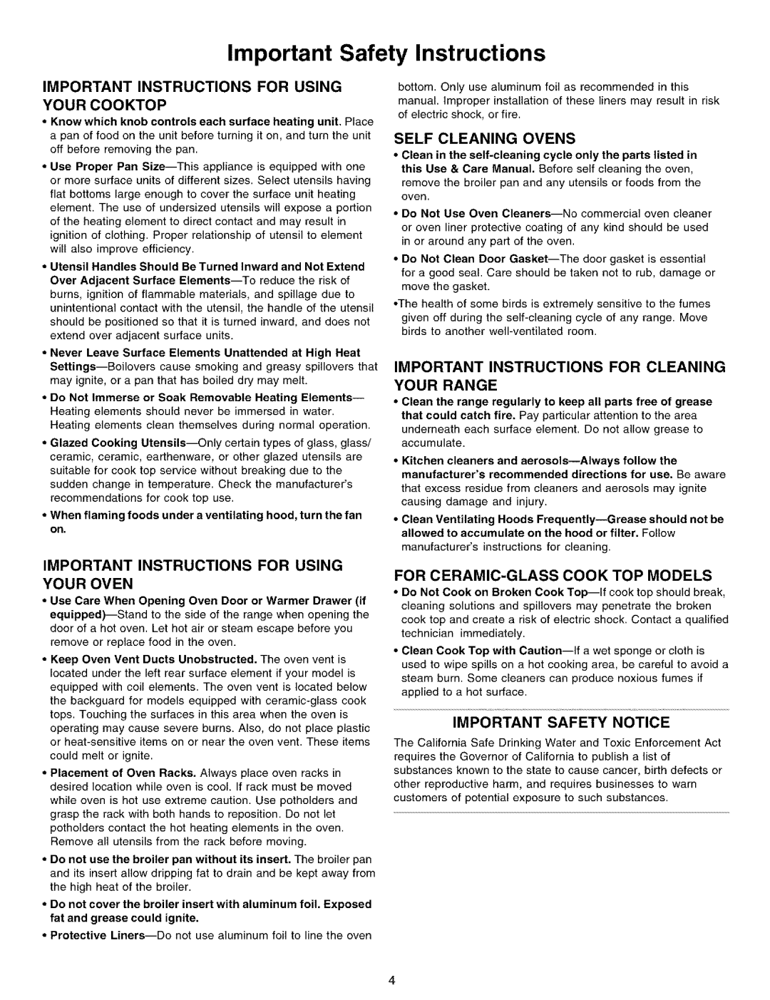 Kenmore 790.99012 manual Important Instructions for Using Your Cooktop, Important Instructions for Using Your Oven 