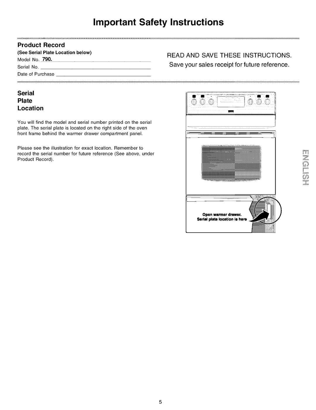 Kenmore 790.99012 manual Product Record, Serial Plate Location 