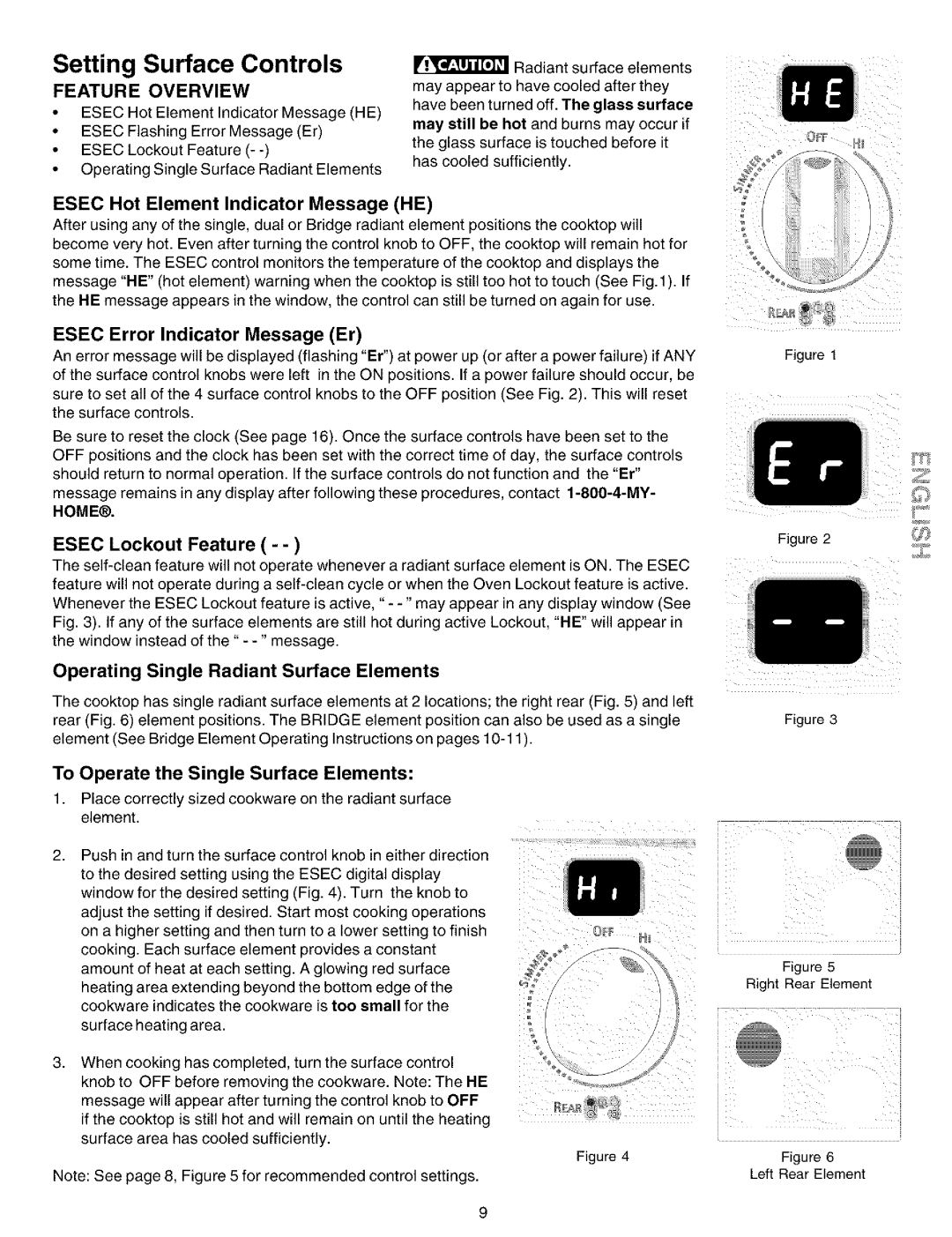 Kenmore 790.99012 Operating Single Radiant Surface Elements, Esec Hot Element Indicator Message HE, Esec Lockout Feature 