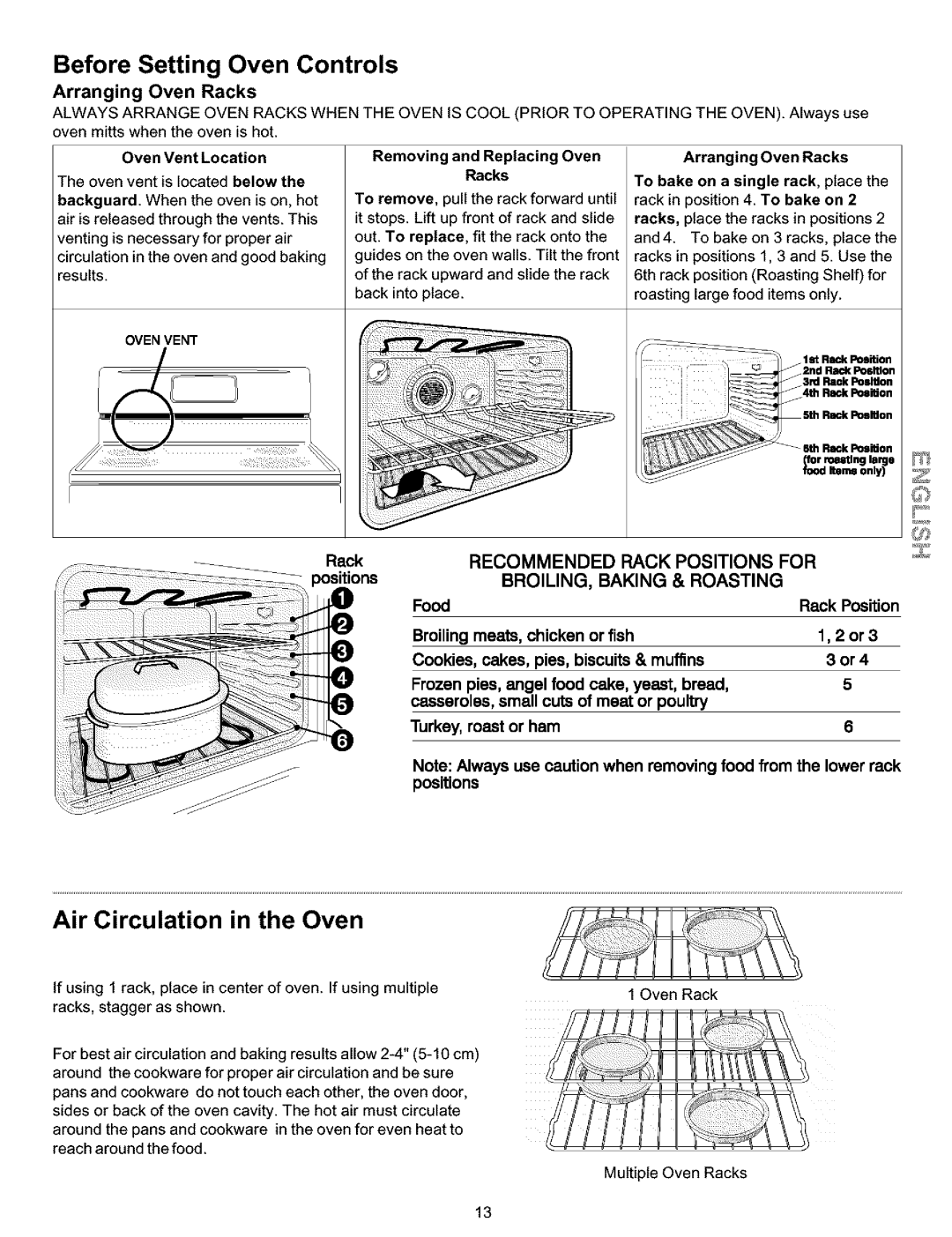 Kenmore 790.99019 Before Setting Oven Controls, Air Circulation in the Oven, Arranging Oven Racks, Food Rack Position 