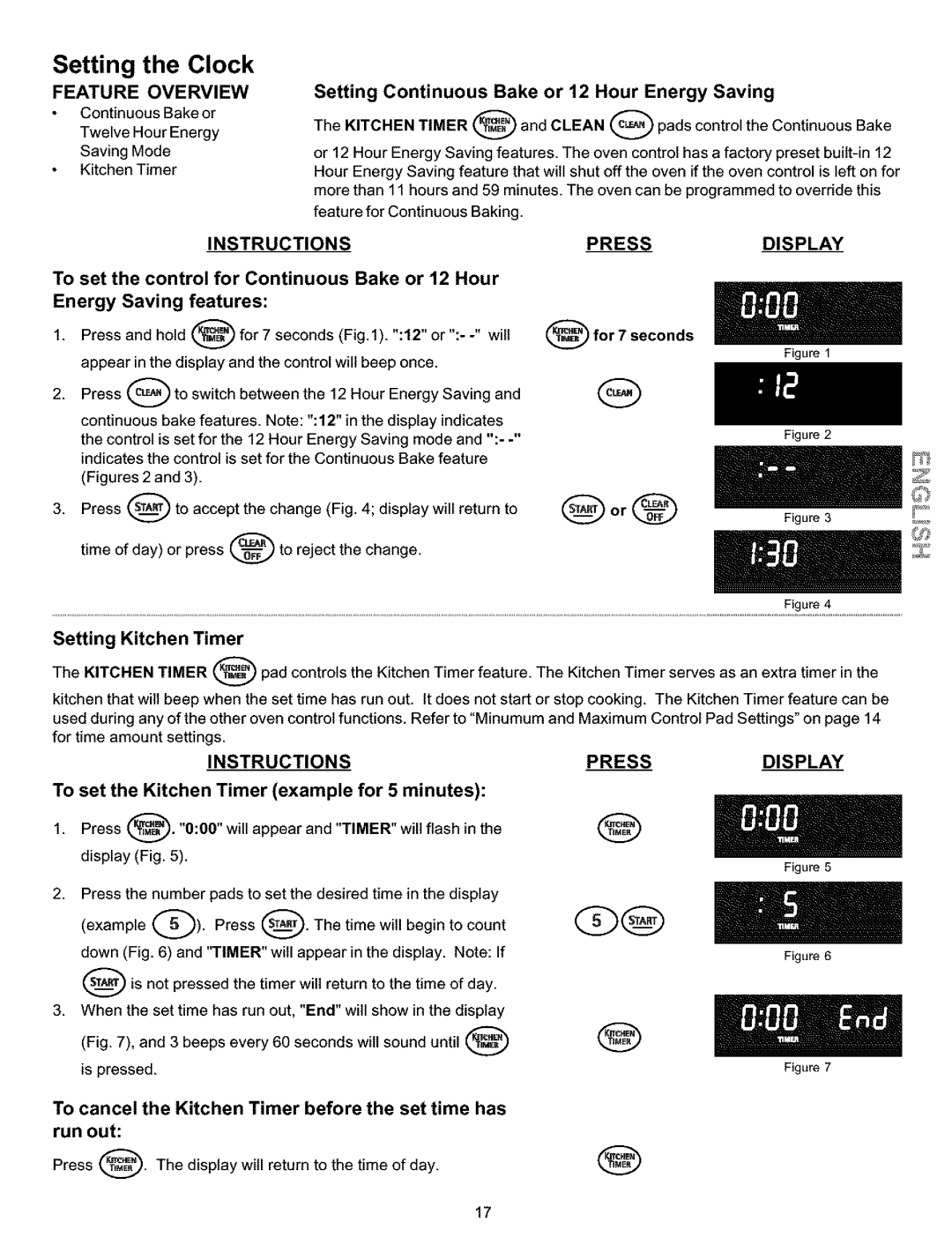 Kenmore 790.99014, 790.99013 manual Setting the Clock, Setting Kitchen Timer, To set the Kitchen Timer example for 5 minutes 