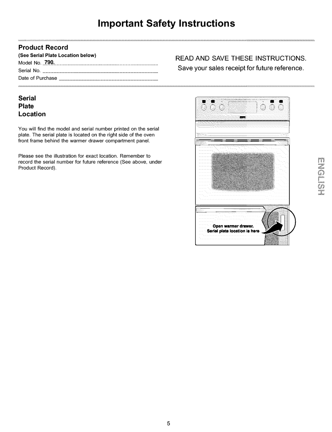 Kenmore 790.99014, 790.99013, 790.99019 manual Product Record, Serial Plate Location 