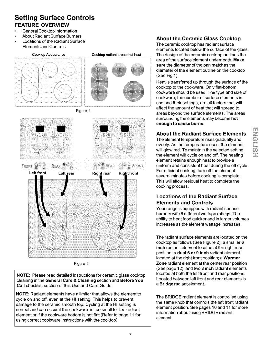 Kenmore 790.99019, 790.99013 Setting Surface Controls, About the Radiant Surface Elements, Left front Left rear Ri htfront 