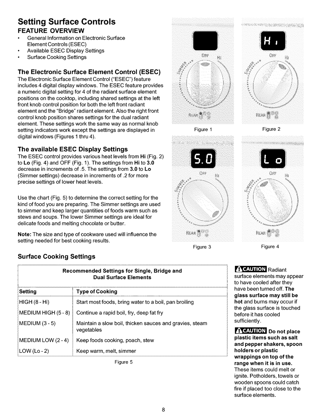 Kenmore 790.99014 Surface Cooking Settings, Electronic Surface Element Control Esec, Surface elements may appear Setting 