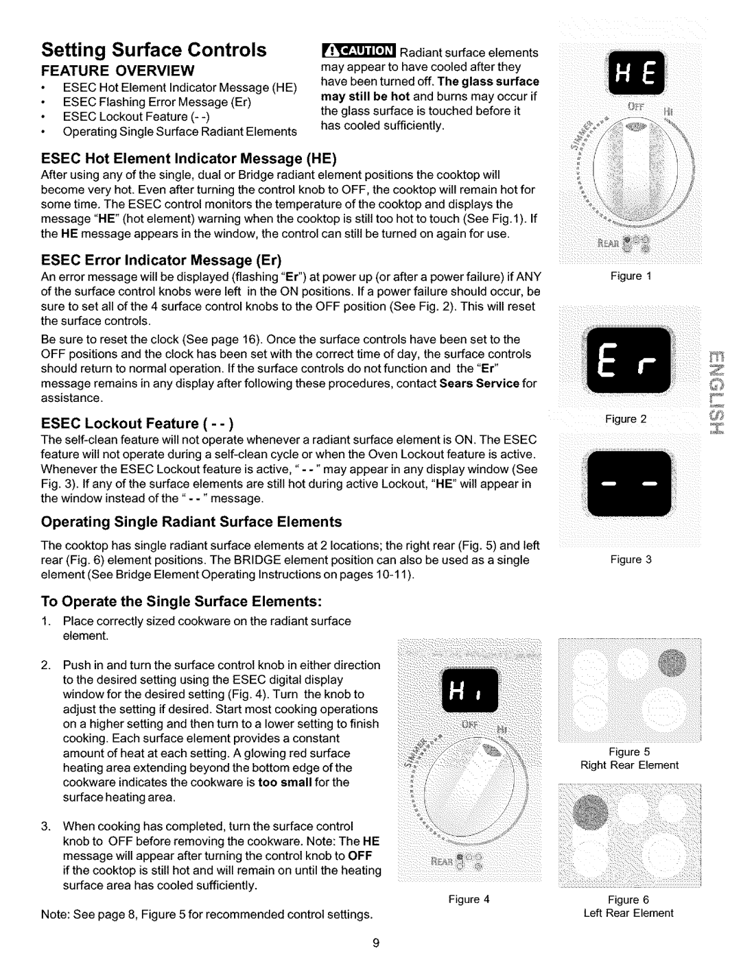 Kenmore 790.99013, 790.99019, 790.99014 Setting, Controls, Esec Lockout Feature, To Operate the Single Surface Elements 