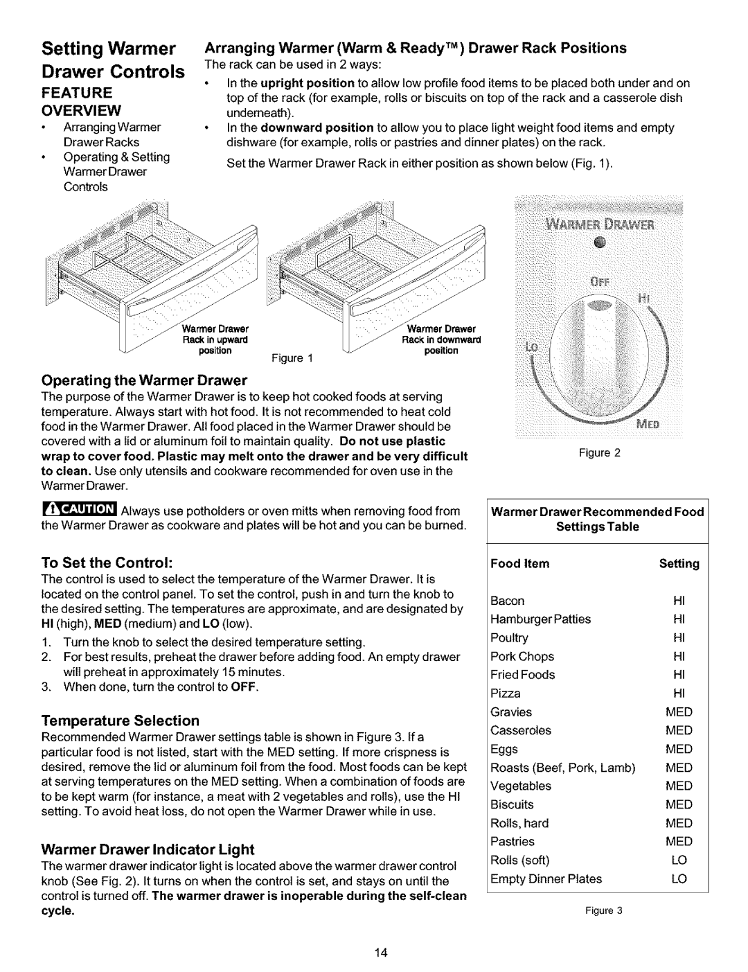 Kenmore 790.99014, 790.99013, 790.99019 WarmerOra.er, Feature, Overview, Operating the Warmer Drawer, Temperature Selection 