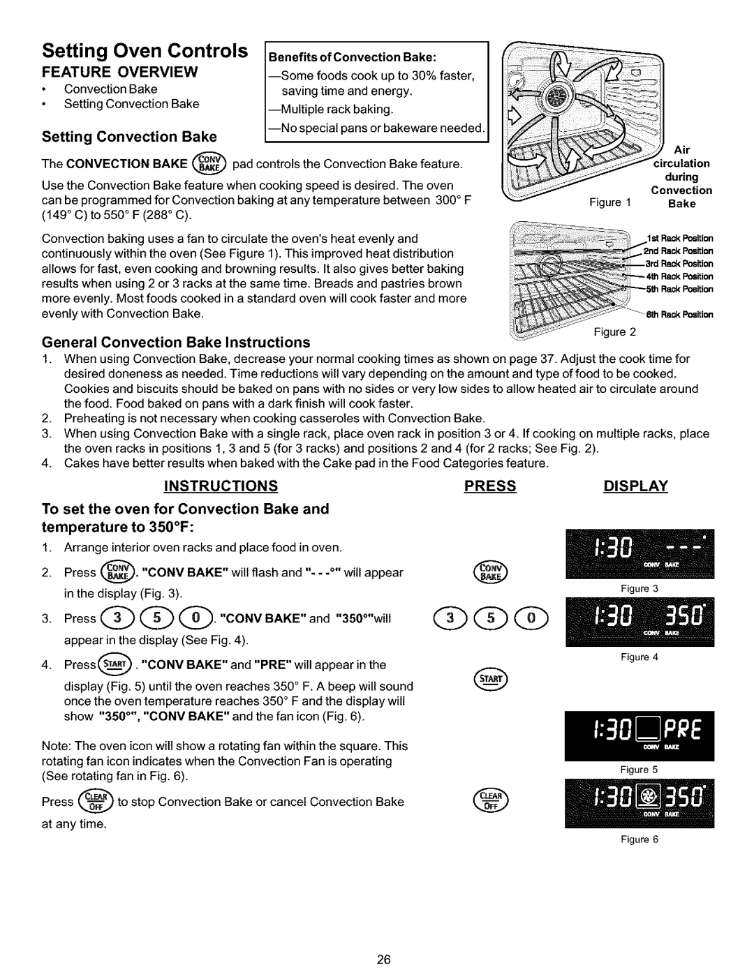 Kenmore 790.99014 Setting Oven Controls, Setting Convection Bake, General Convection Bake Instructions, Press, Display 
