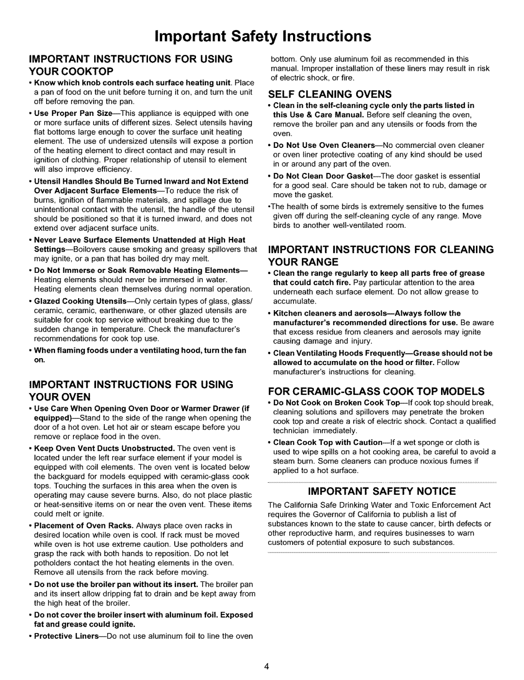 Kenmore 790.99019 manual Important Safety Instructions, Important Instructions For Using Your Cooktop, Self Cleaning Ovens 