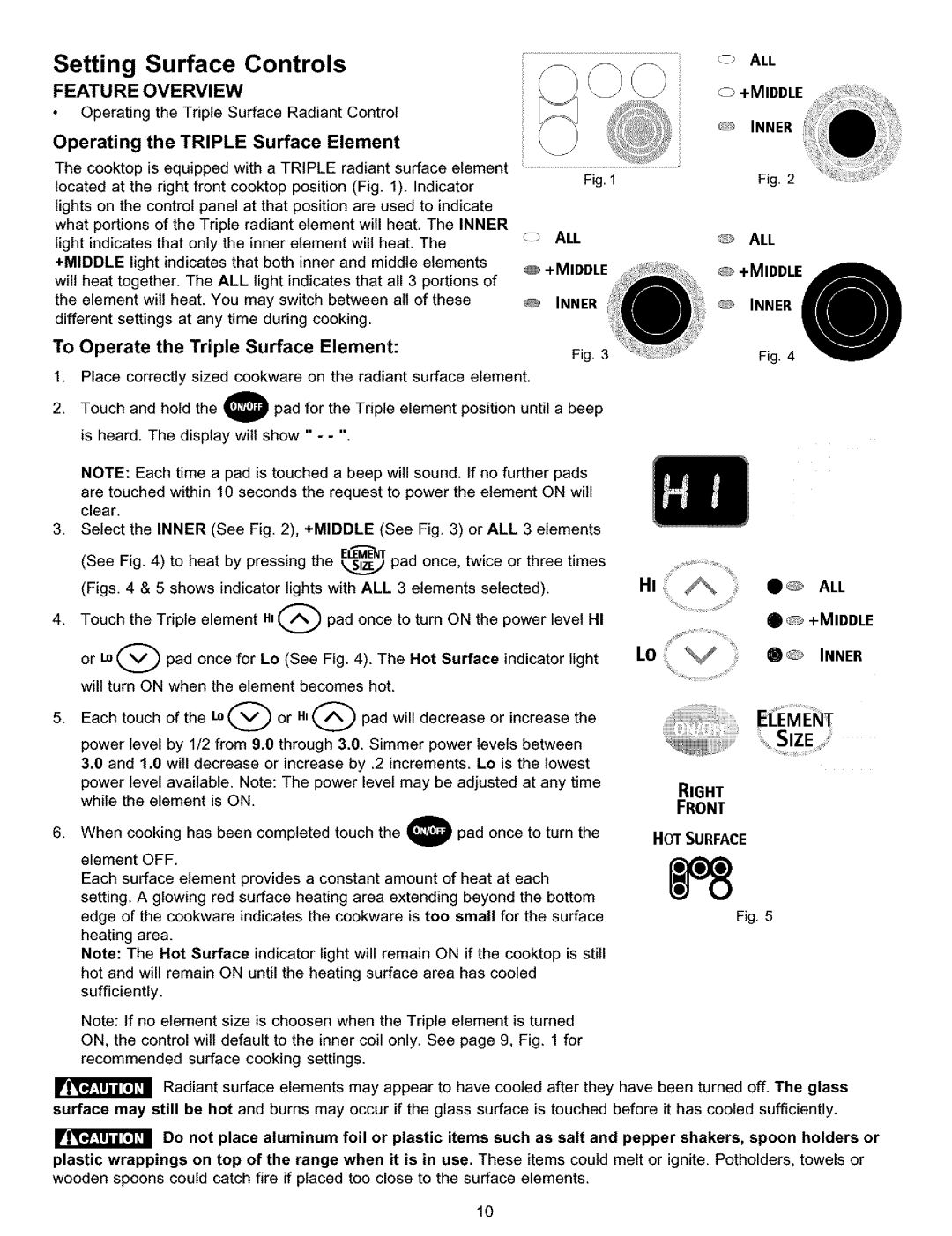 Kenmore 790.9911 manual Operating the Triple Surface Element, To Operate the Triple Surface Element, Size, Right, Front 