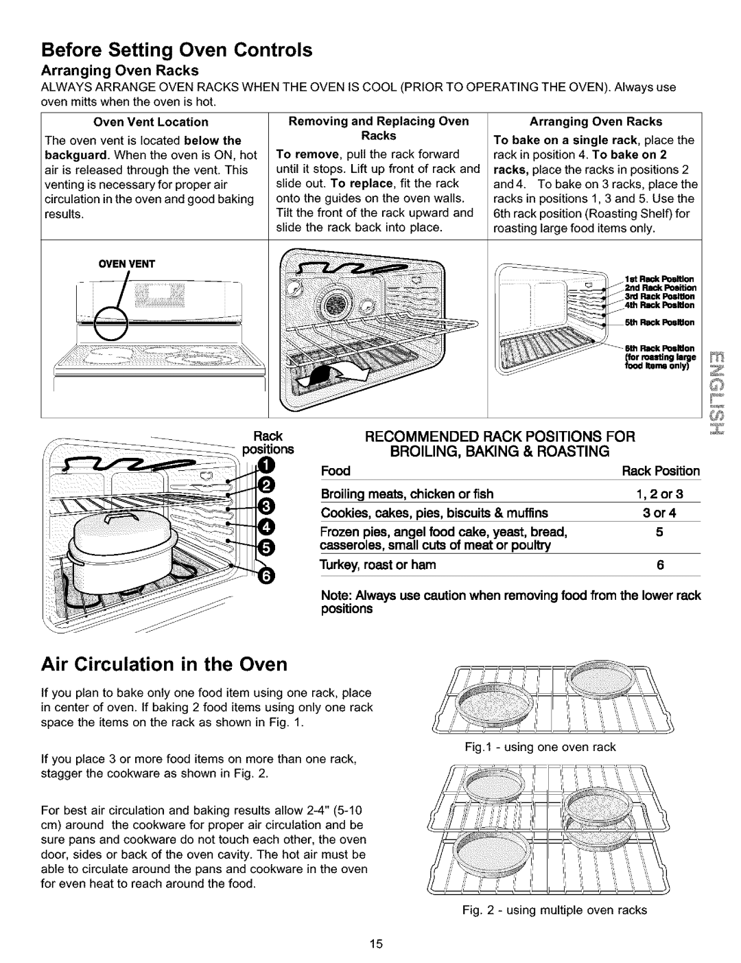 Kenmore 790.9911 manual Before Setting Oven Controls, Air Circulation in the Oven, Arranging Oven Racks 