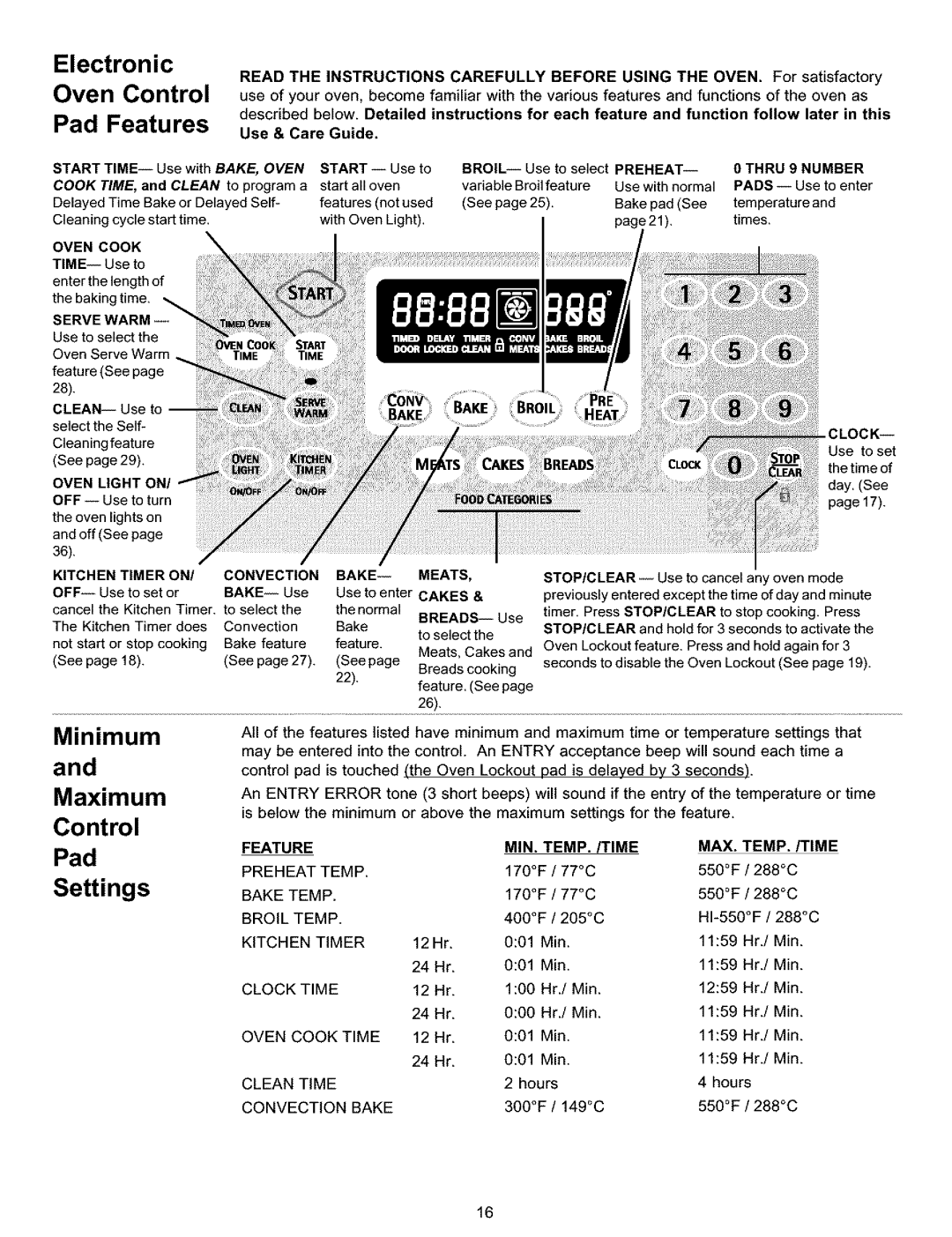 Kenmore 790.9911 manual Electronic Oven Control Pad Features, Minimum and Maximum Control, Pad Settings, Min. Temp./Time 