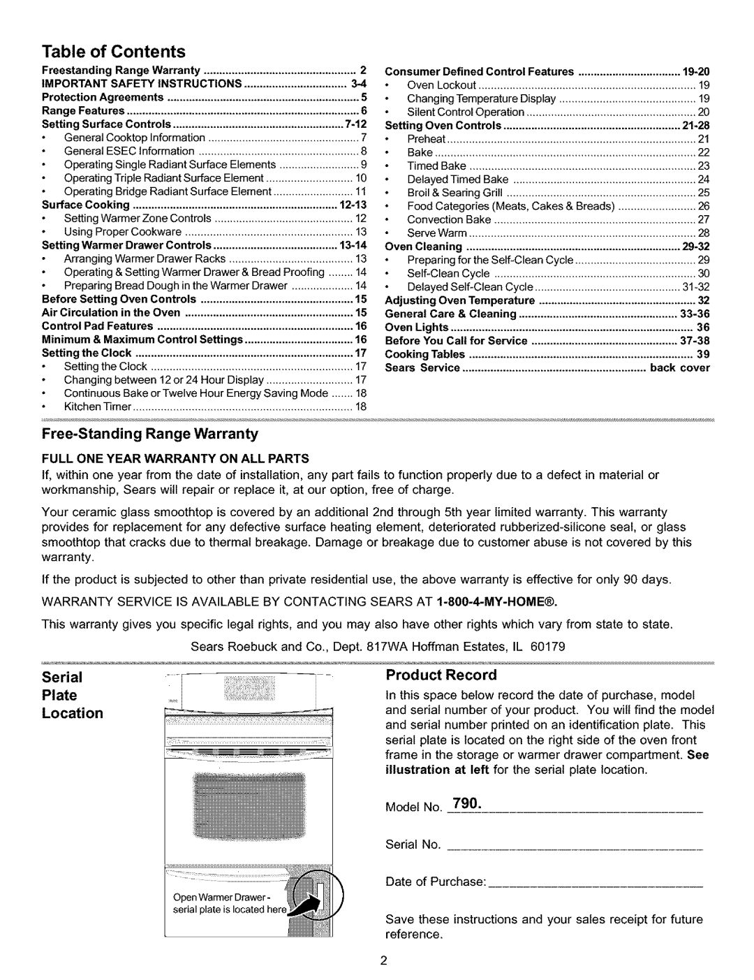 Kenmore 790.9911 manual Contents 