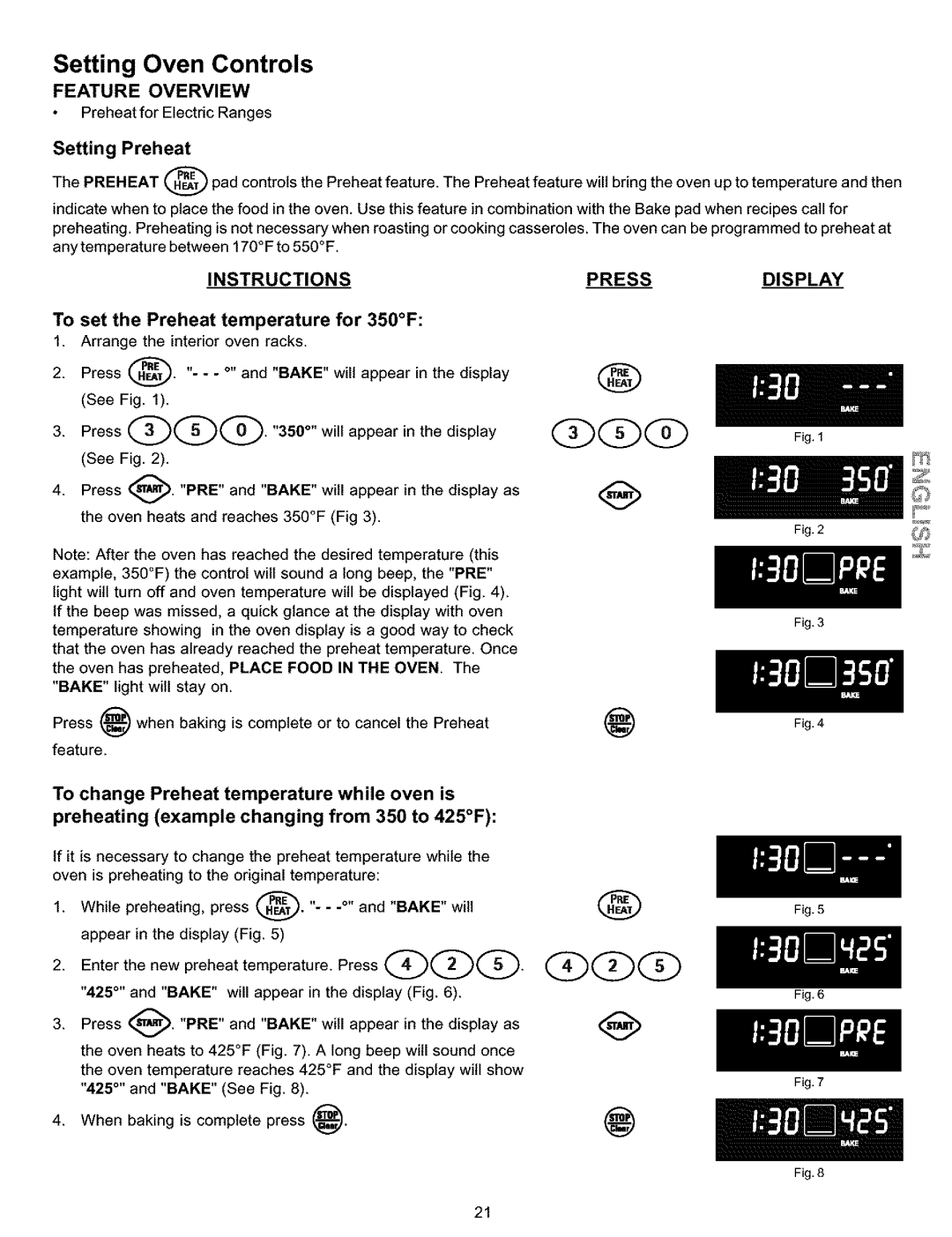 Kenmore 790.9911 manual Setting Oven Controls, Setting Preheat, To set the Preheat temperature for 350F 