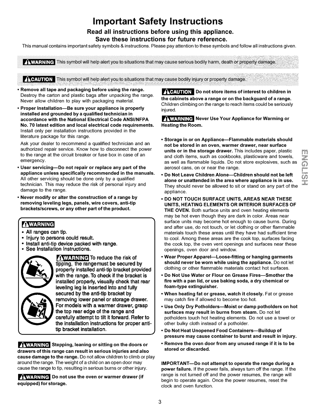 Kenmore 790.9911 manual Important Safety Instructions, Tip bracket installation 