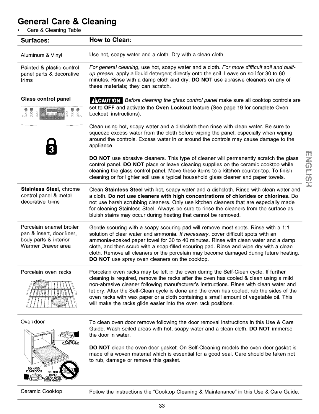 Kenmore 790.9911 manual General Care & Cleaning, Glass control panel, Stainless Steel, chrome 