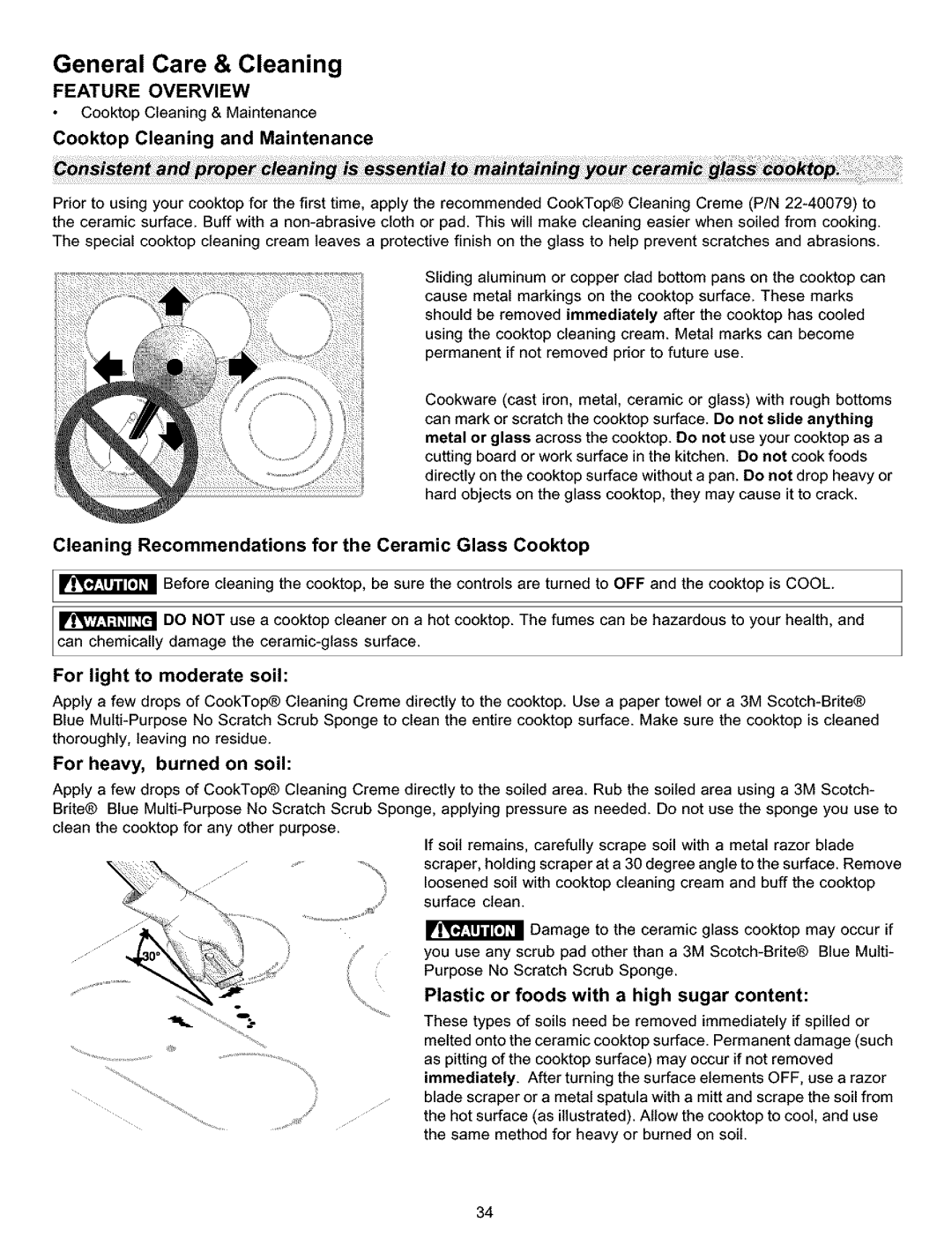 Kenmore 790.9911 manual Cleaning Recommendations for the Ceramic Glass Cooktop, For light to moderate soil 