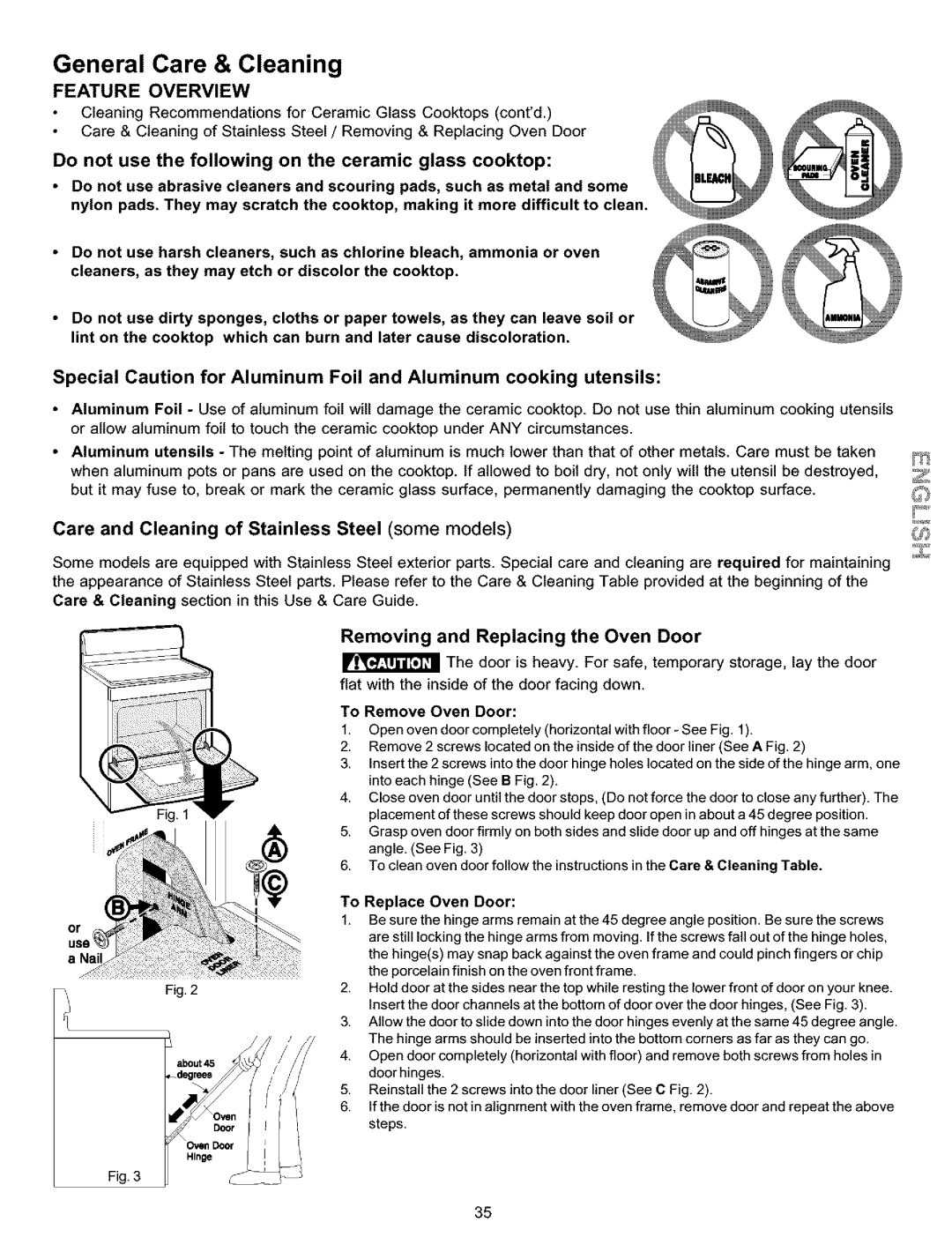 Kenmore 790.9911 manual Care and Cleaning of Stainless Steel some models, To Remove Oven Door 