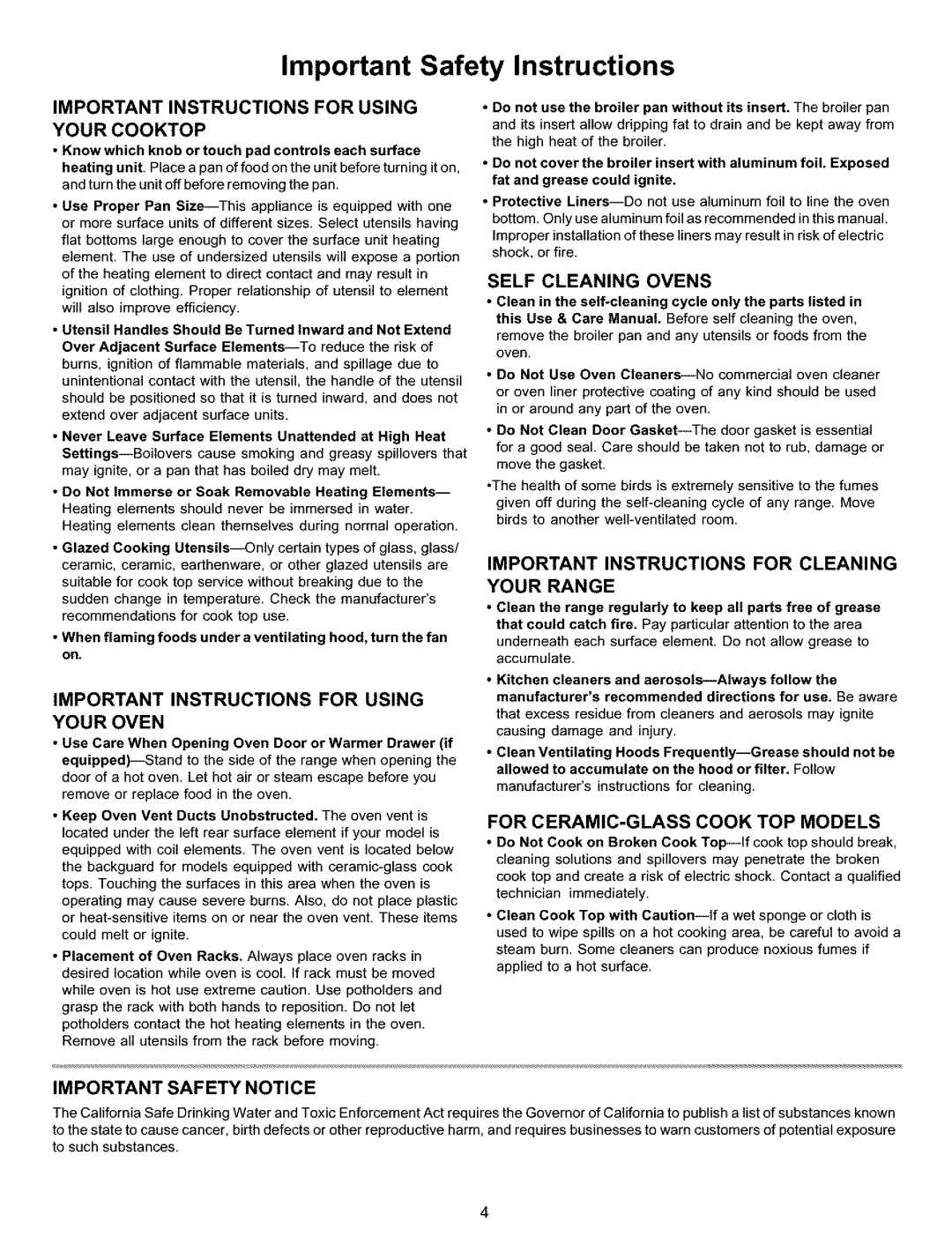 Kenmore 790.9911 manual Important Instructions for Using Your Cooktop, Important Instructions for Using Your Oven 