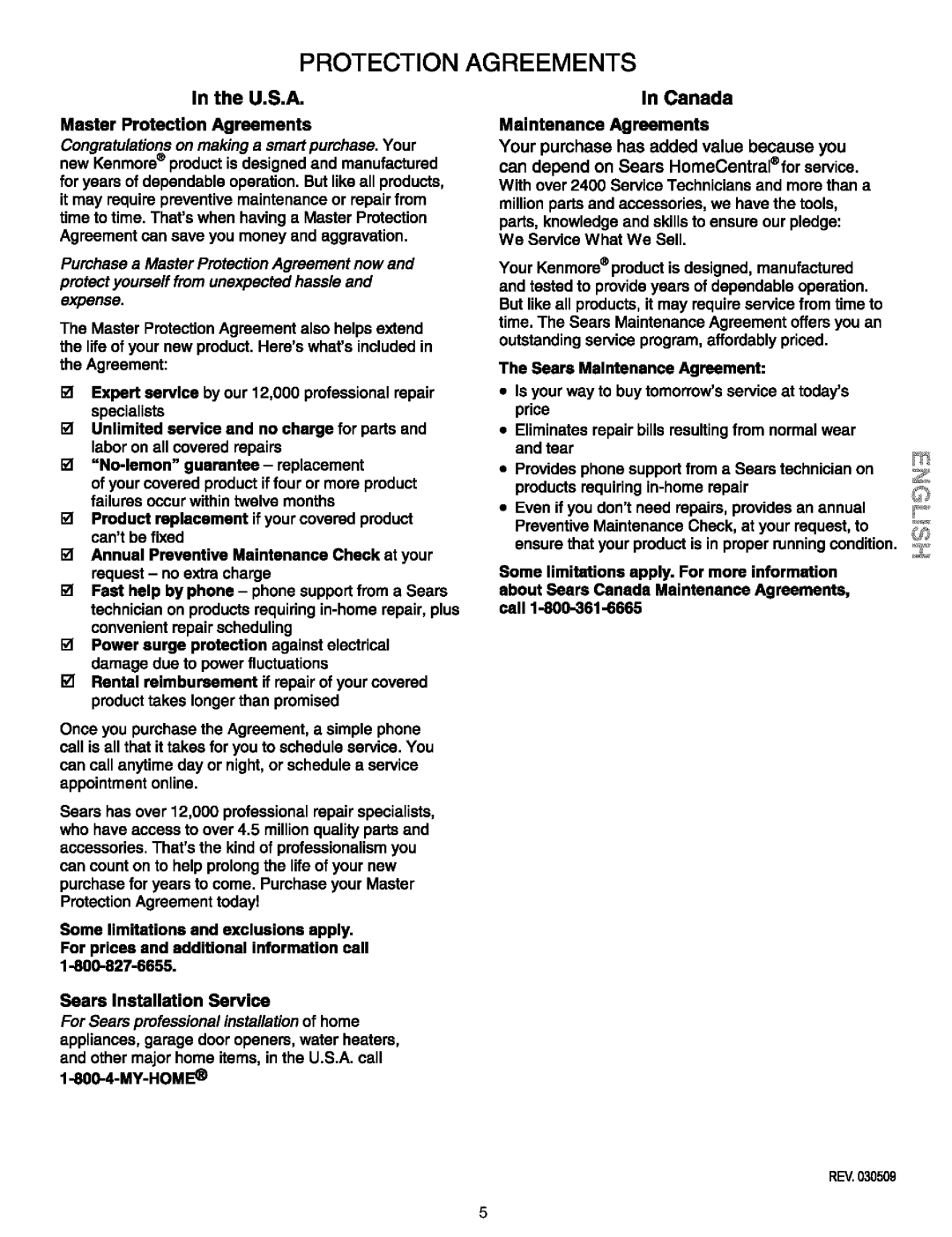 Kenmore 790.9911 manual Master Protection Agreements, Canada 