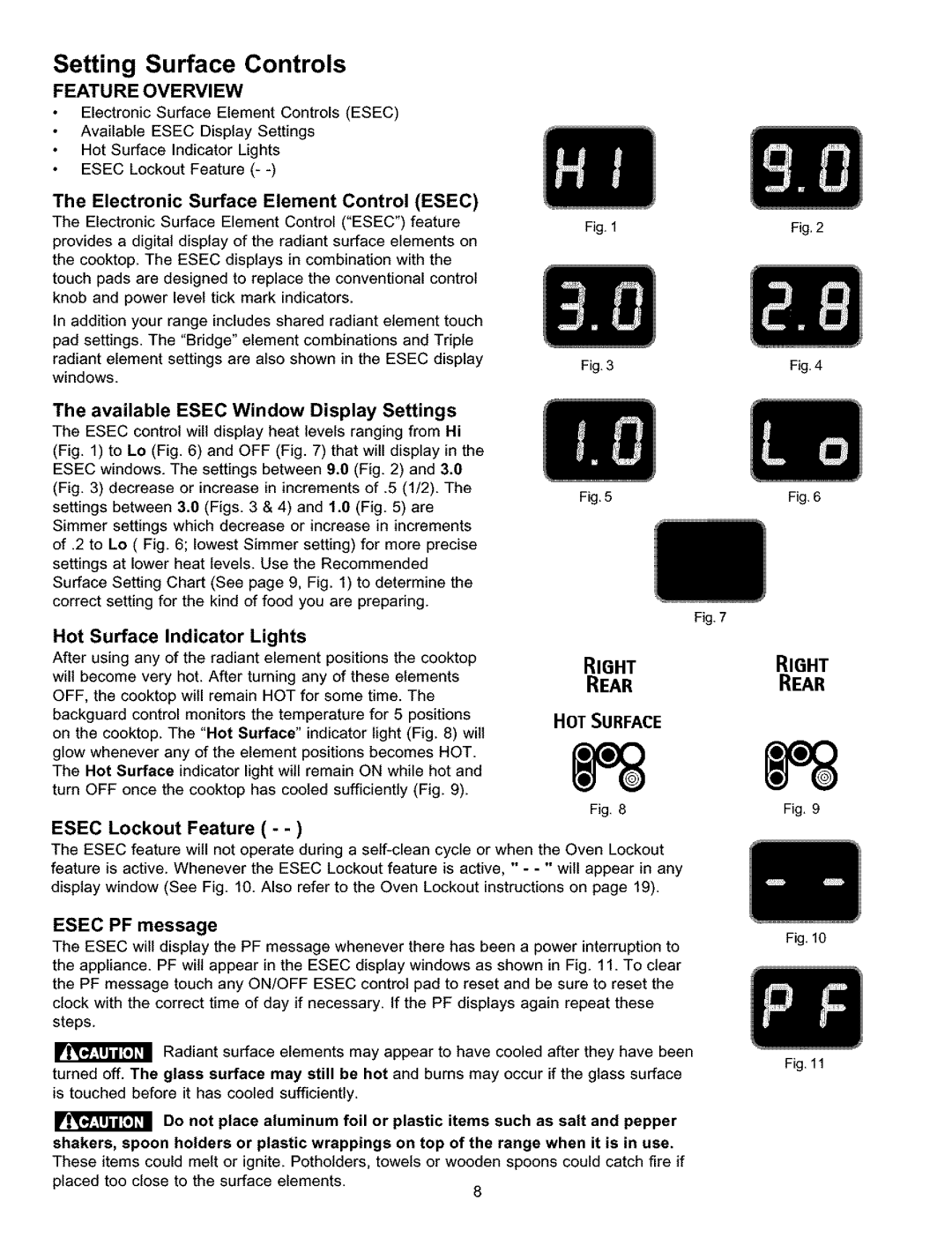 Kenmore 790.9911 Electronic Surface Element Control Esec, Available Esec Window Display Settings, Esec Lockout Feature 