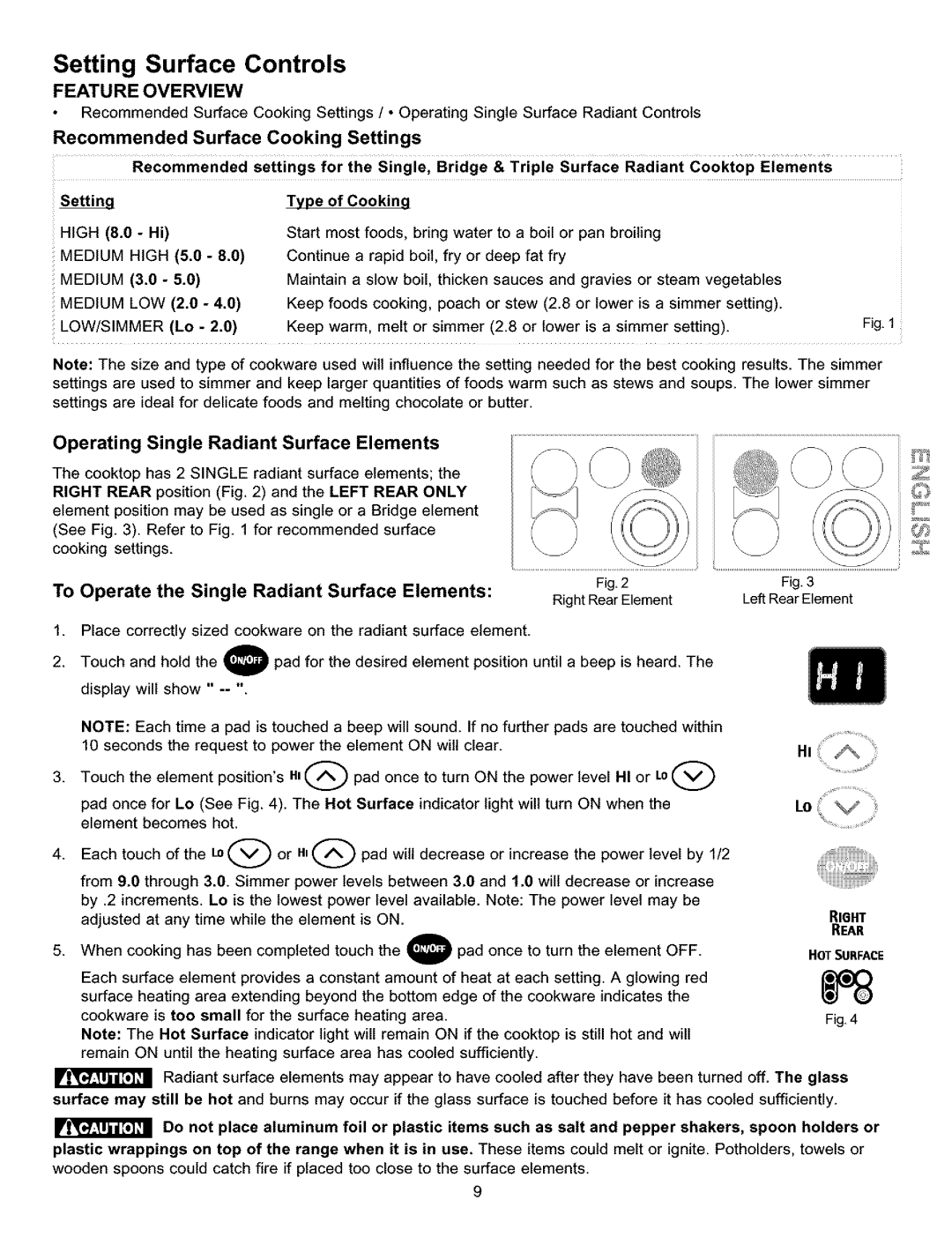 Kenmore 790.9911 manual Recommended Surface Cooking Settings, Operating Single Radiant Surface Elements 