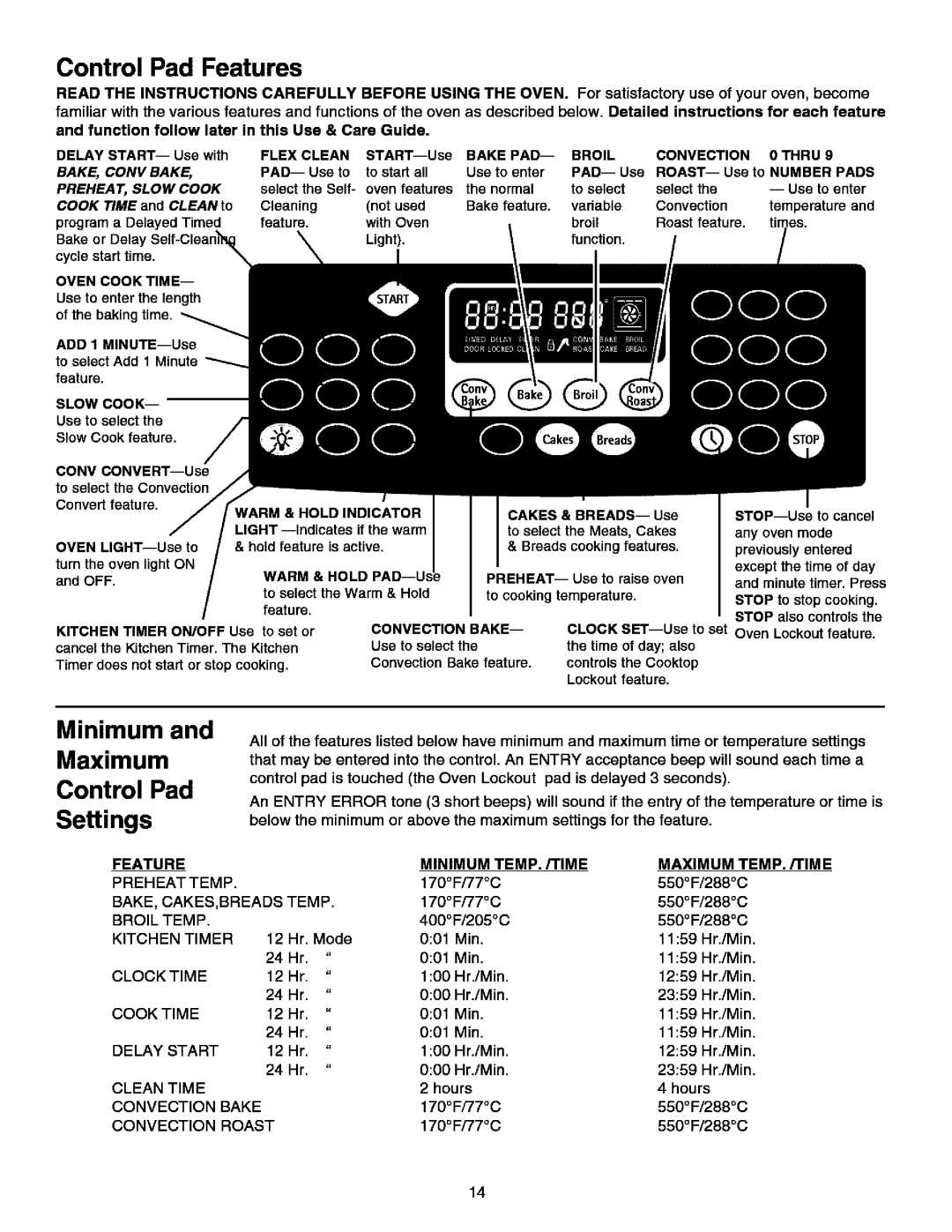 Kenmore 790.99613 manual Control Pad Features, Minimum Maximum Control Pad Settings 