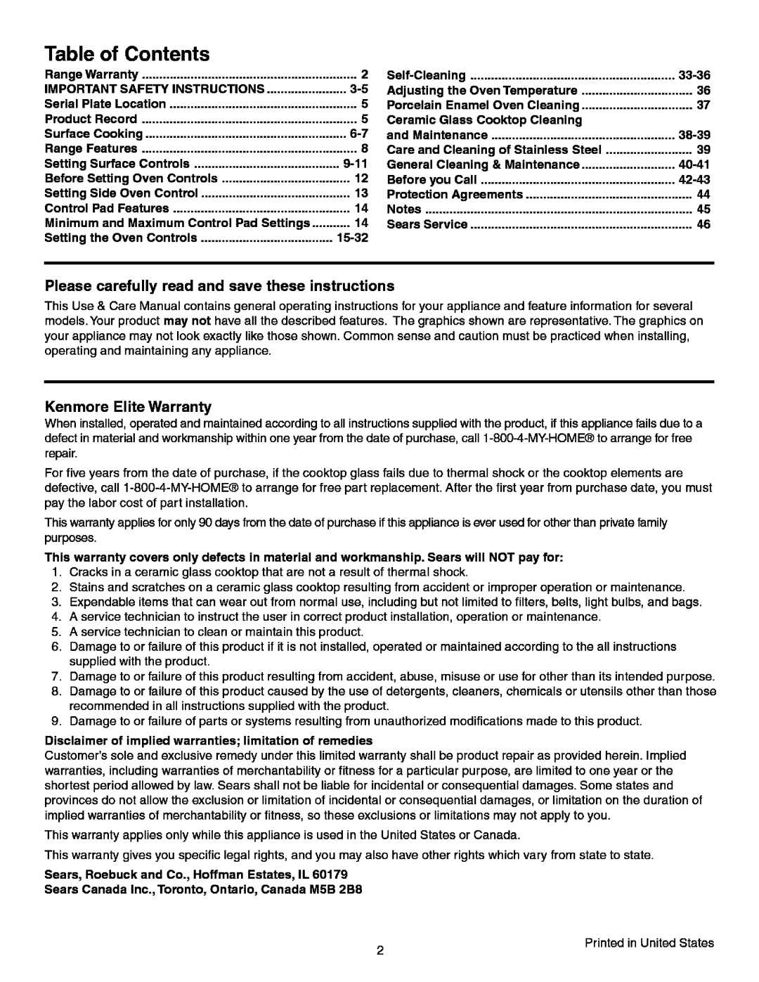 Kenmore 790.99613 manual Table of Contents 